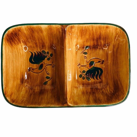 Pennsbury Pottery Red Rooster Divided Vegetable Dish Serving Bowl Art Pottery - Picture 2 of 12